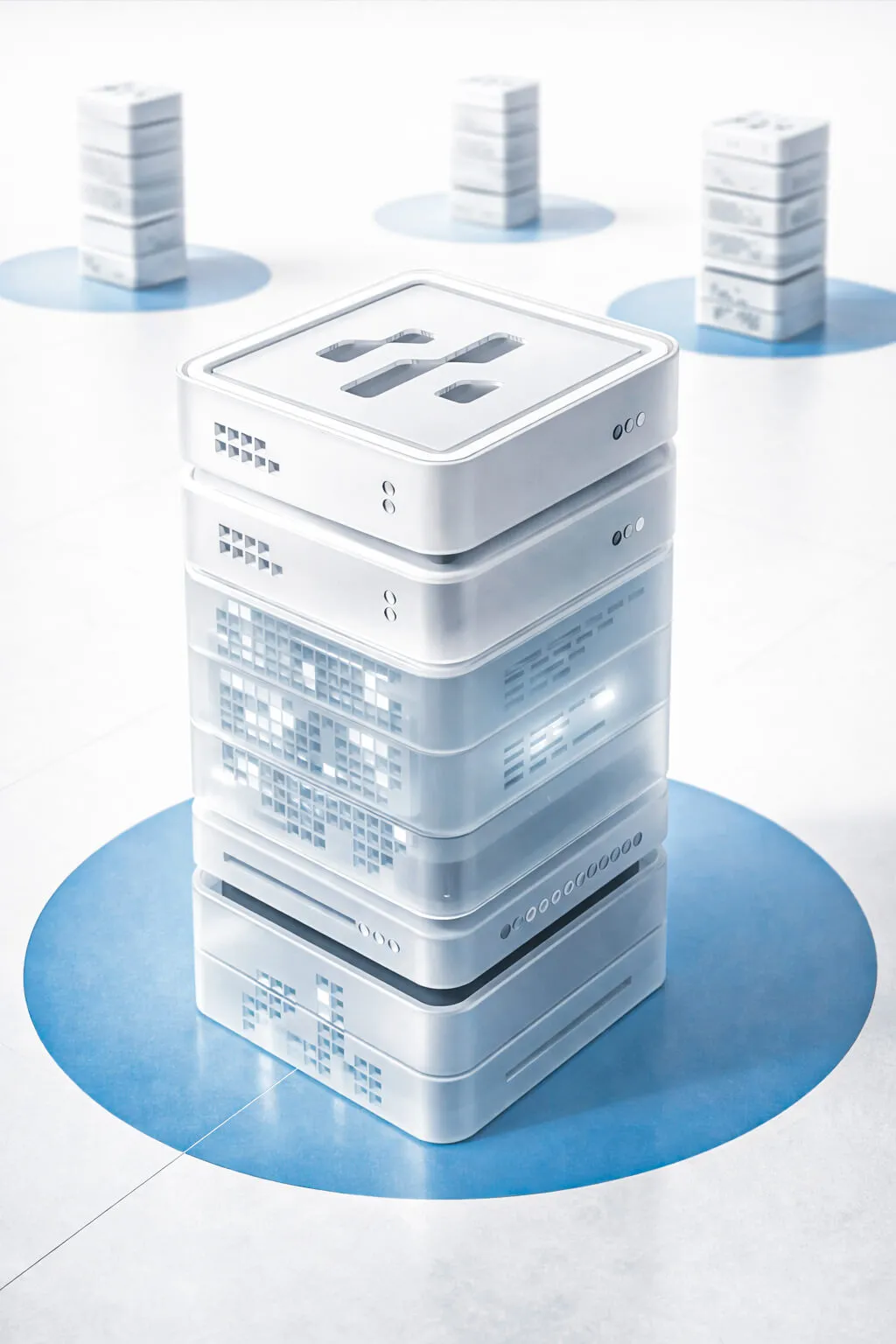 3D grid of transparent cubes stacked in a rectangular tower with some cubes illuminated in white and yellow.